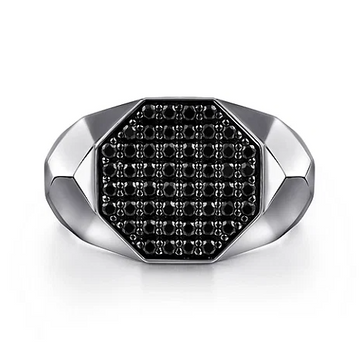 Sterling Silver Faceted Signet Ring with Black Spinel Pave in High Polished Finish